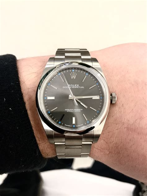 rolex oyster perpetual 39 rhodium on wrist|rolex oyster perpetual size chart.